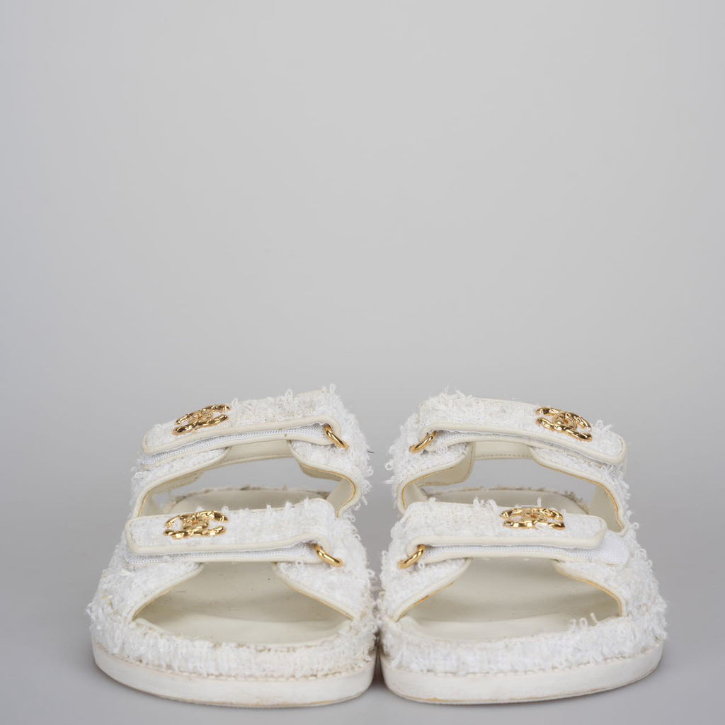 Chanel White Tweed Sandals 39