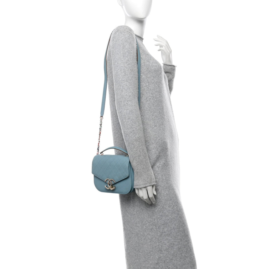 Grained Calfskin Quilted Small Cuba Top Handle Flap Blue