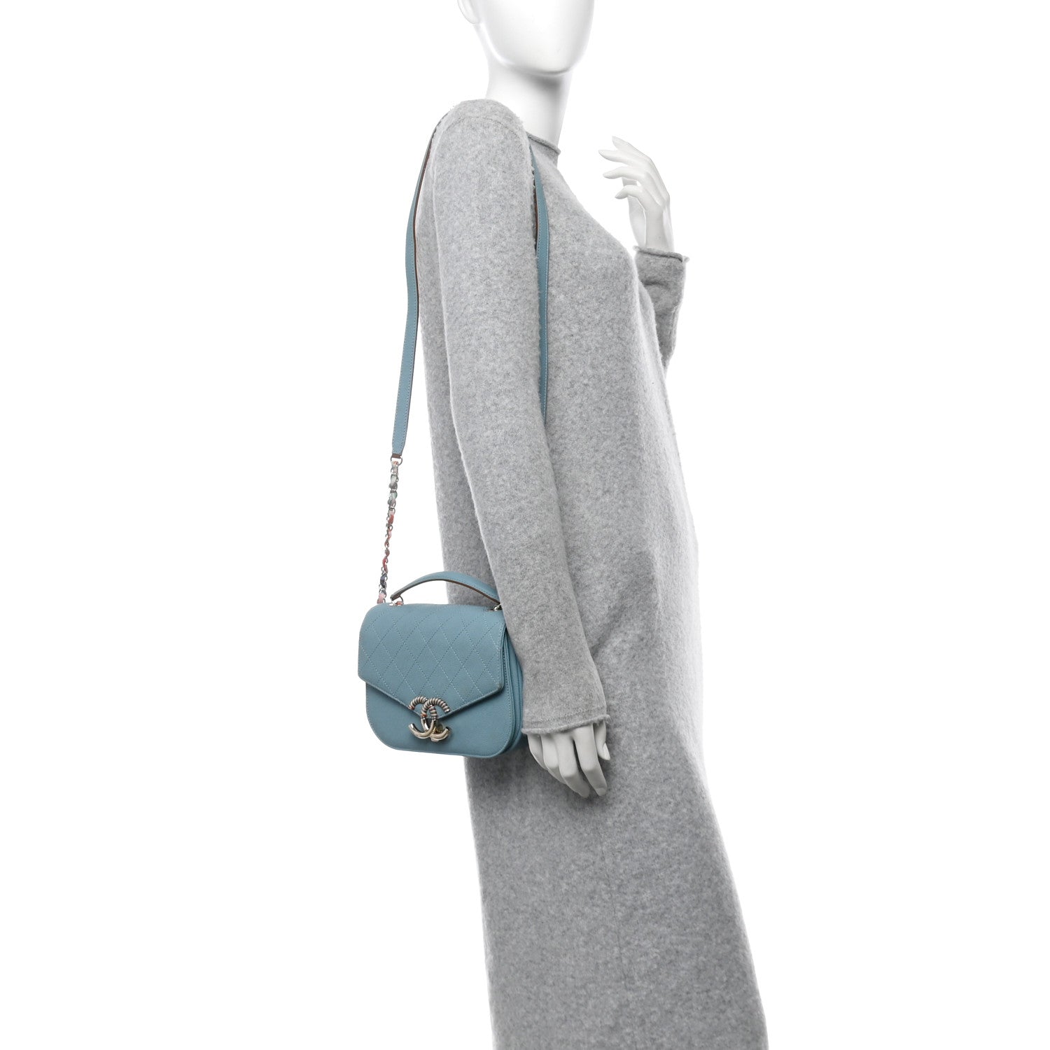 Grained Calfskin Quilted Small Cuba Top Handle Flap Blue