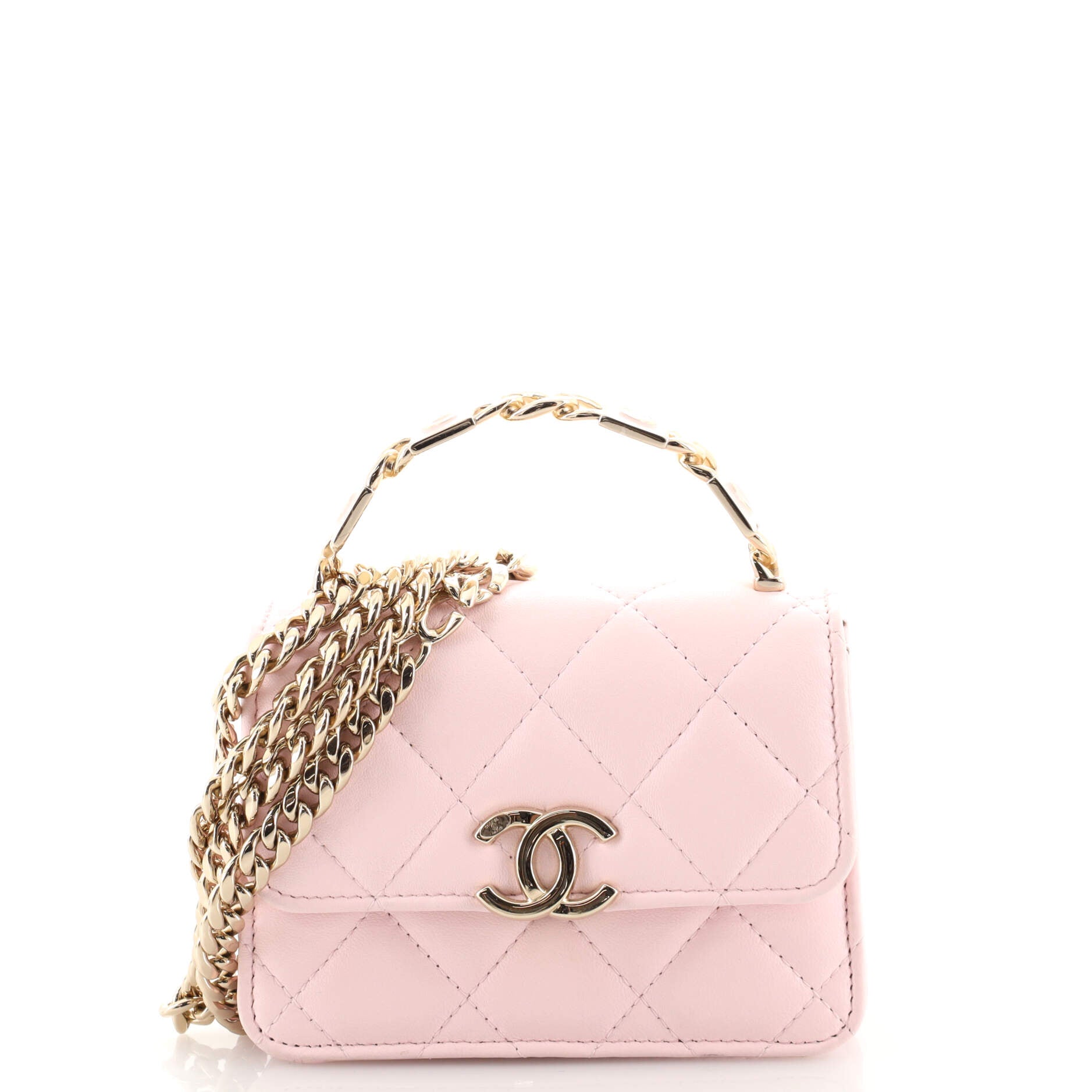 Coco Enamel Top Handle Flap Clutch with Chain Quilted Lambskin