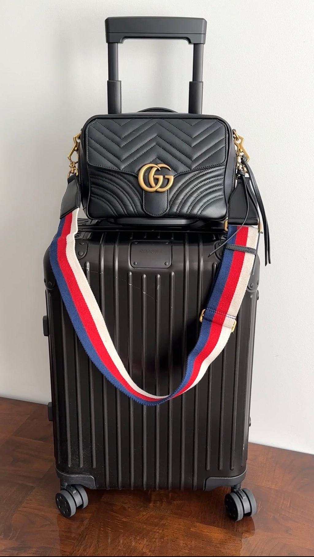Gucci Black Quilted Leather Marmont Sylvie Web Strap Top Handle Bag