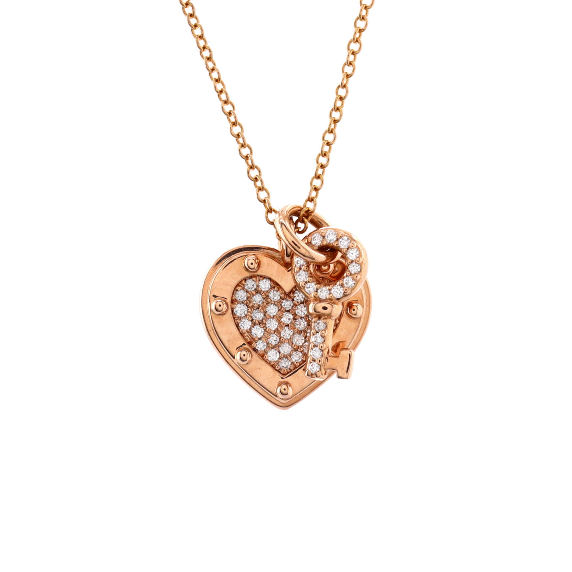 Love Heart Tag Key Pendant Necklace 18K Rose Gold with Diamonds