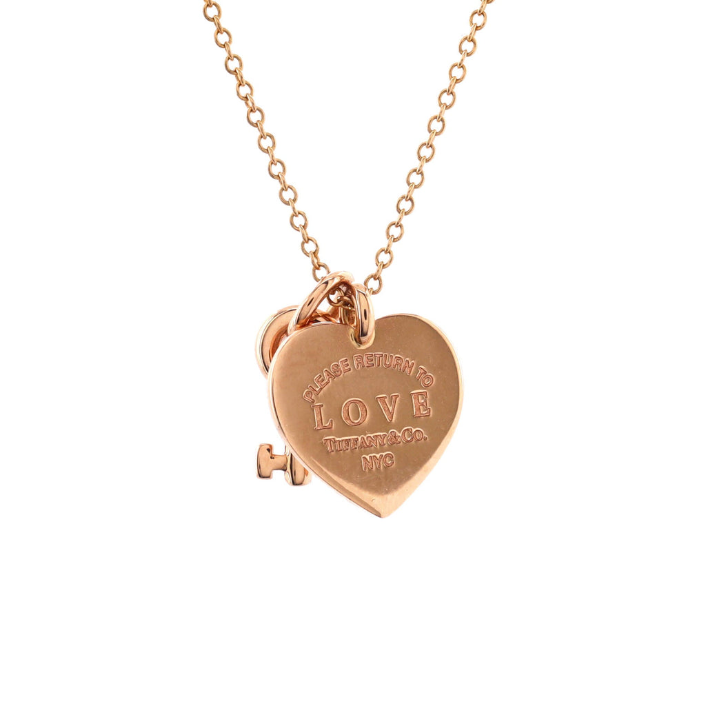 Love Heart Tag Key Pendant Necklace 18K Rose Gold with Diamonds