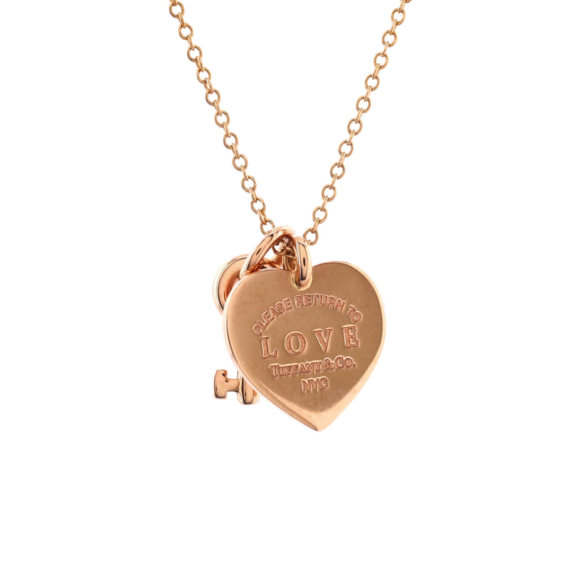 Love Heart Tag Key Pendant Necklace 18K Rose Gold with Diamonds