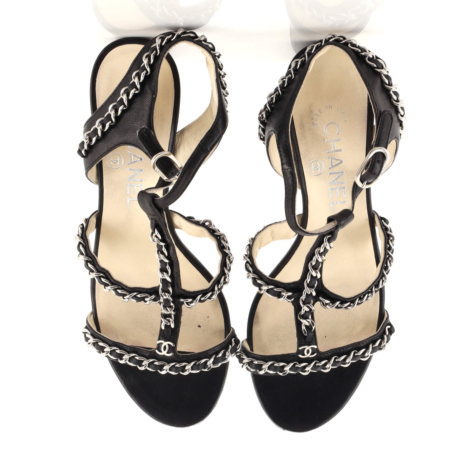 Women's Chain Link T-Strap Heeled Sandals Leather