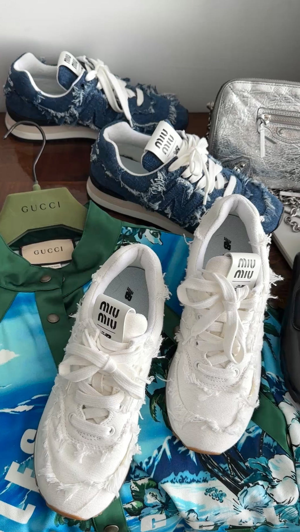 Miu Miu x New Balance White Frayed Denim Sneakers - 37