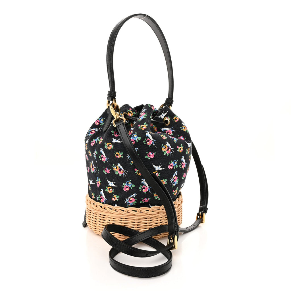 Wicker Canvas Floral Print Bucket Bag Black Multicolor