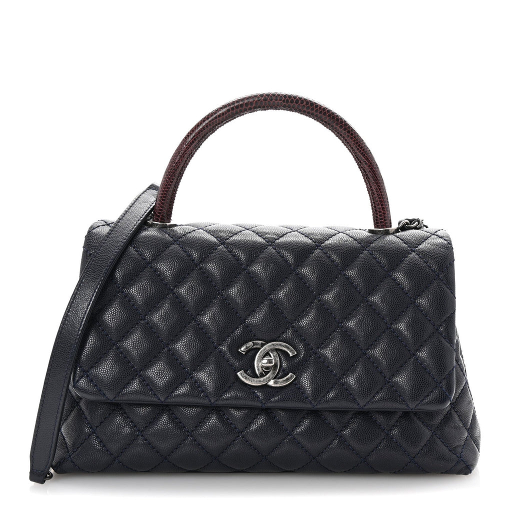 Caviar Lizard Embossed Quilted Small Coco Handle Flap Navy Blue