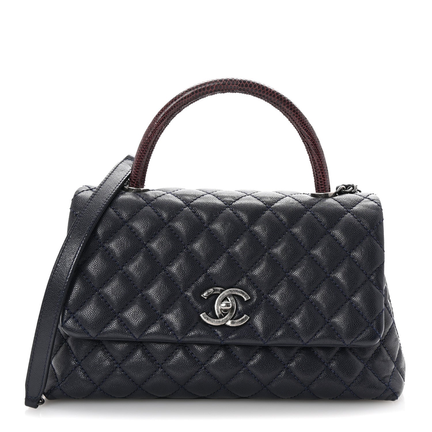 Caviar Lizard Embossed Quilted Small Coco Handle Flap Navy Blue