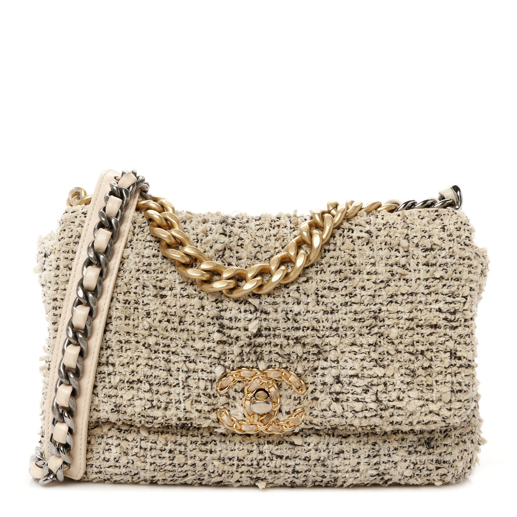 Tweed Quilted Medium Chanel 19 Flap Ecru Black