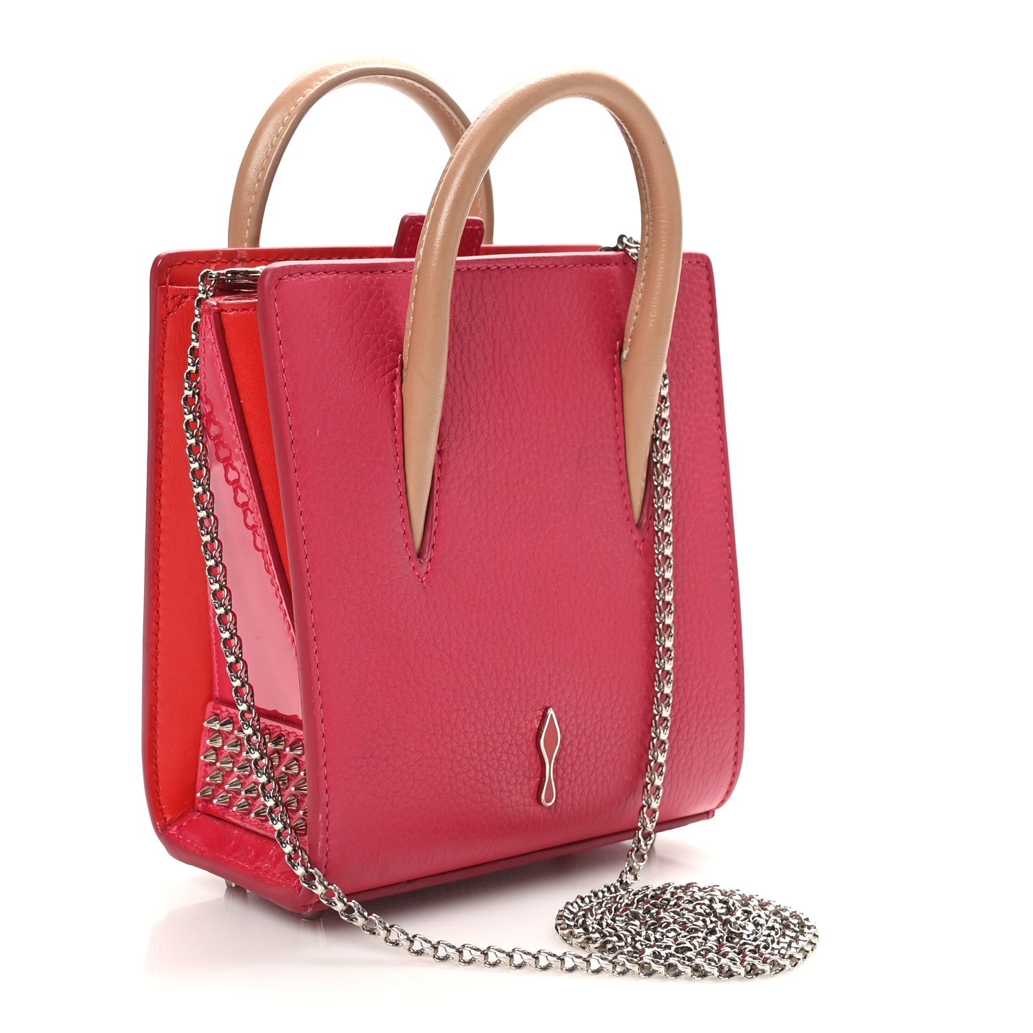 Grained Calfskin Patent Studded Nano Paloma Pink Red