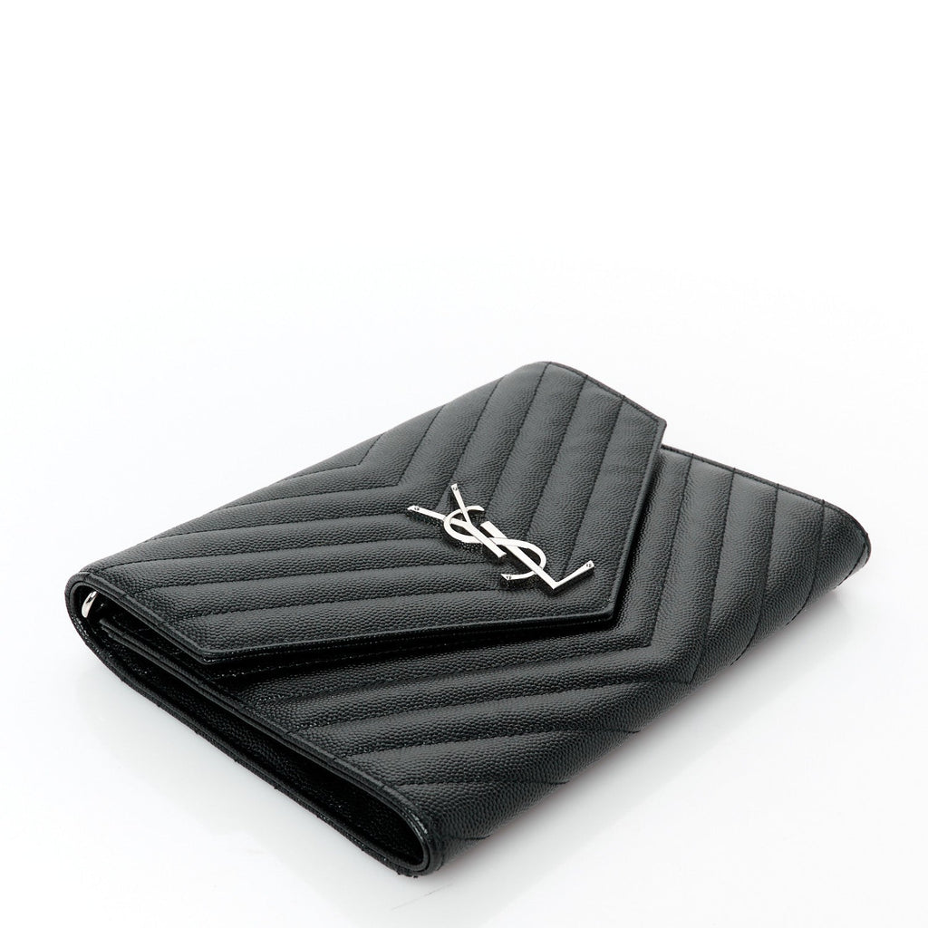Grain De Poudre Matelasse Chevron Monogram Envelope Clutch Black