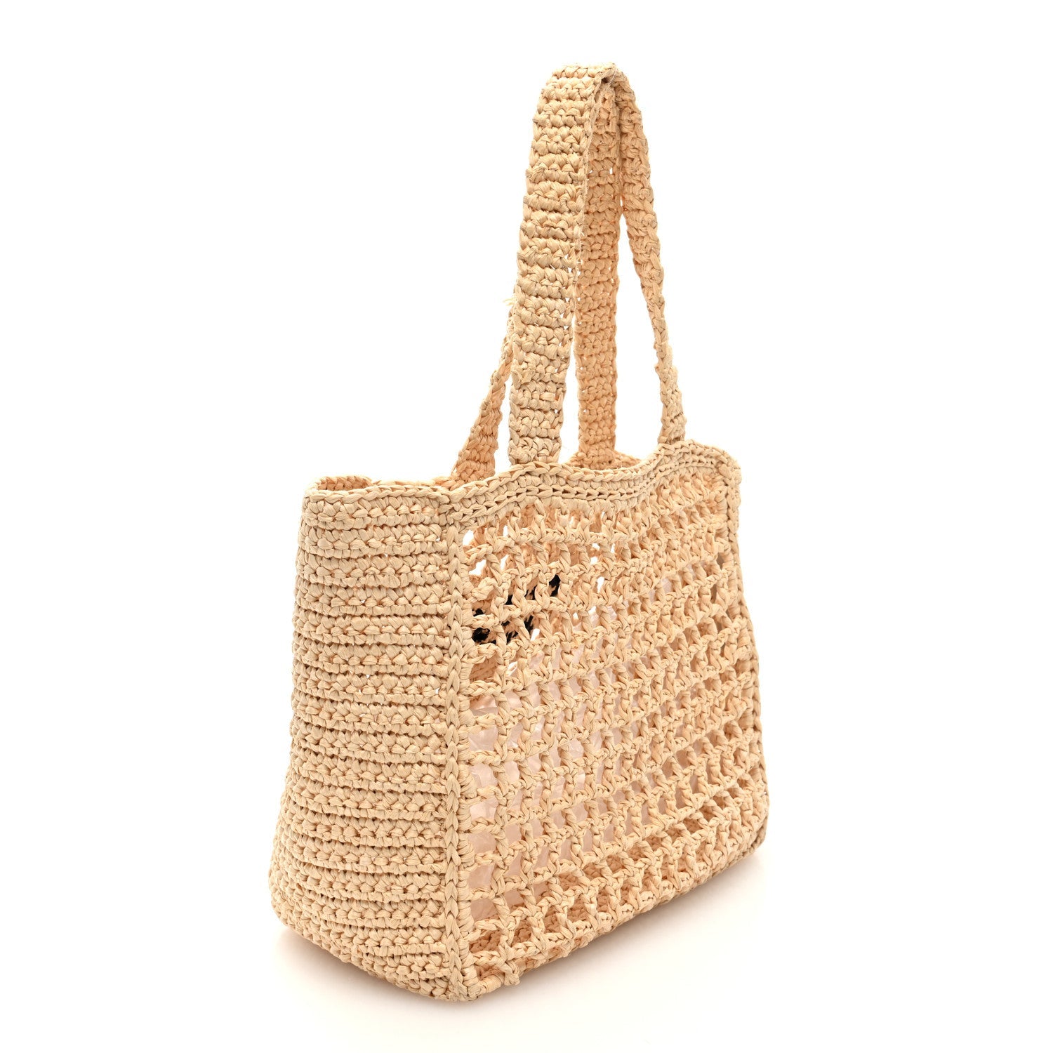 Yarn Raffia Effect Crochet Logo Embroidered Small Tote Bag Naturale