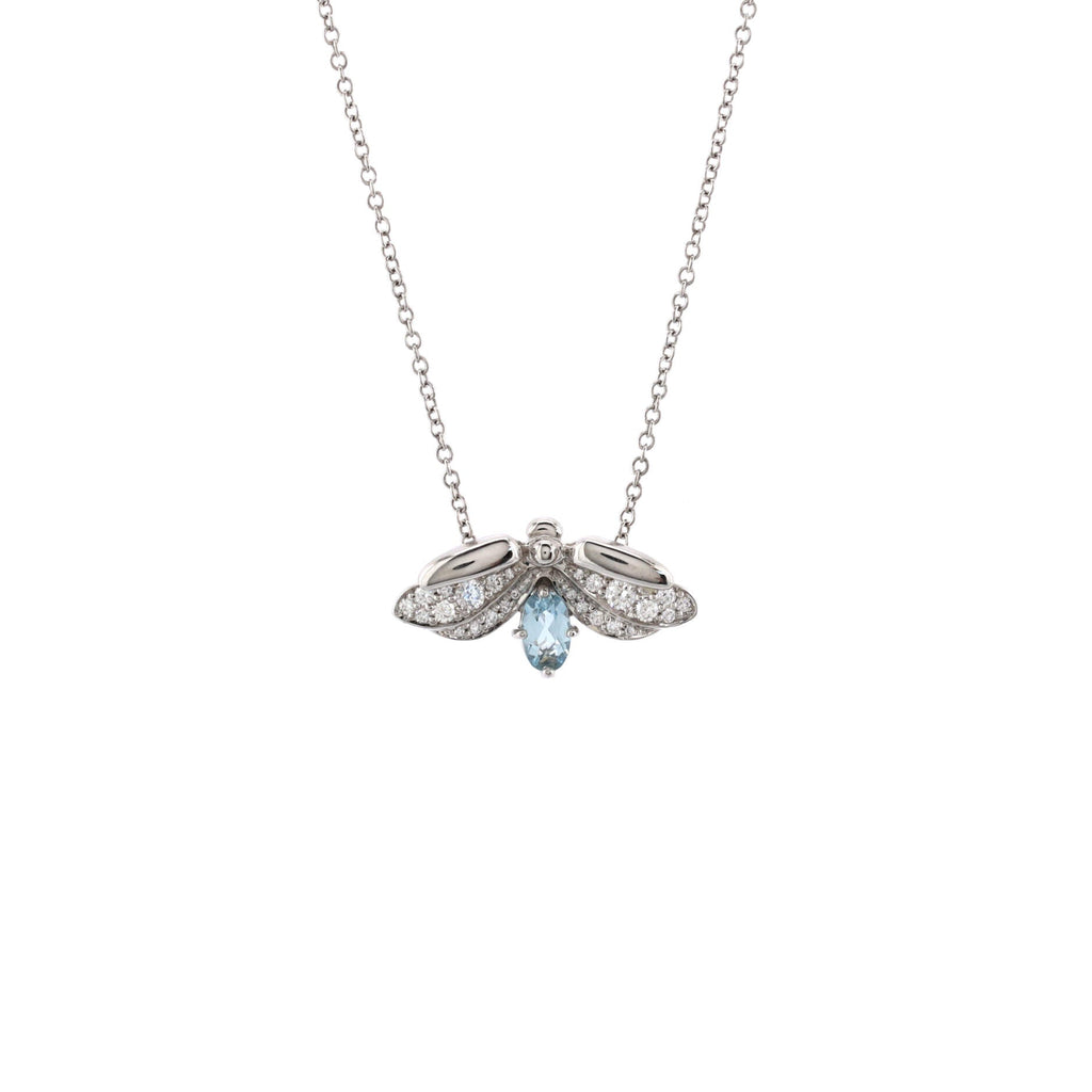 Paper Flowers Firefly Pendant Necklace Platinum with Diamonds and Aquamarine Small
