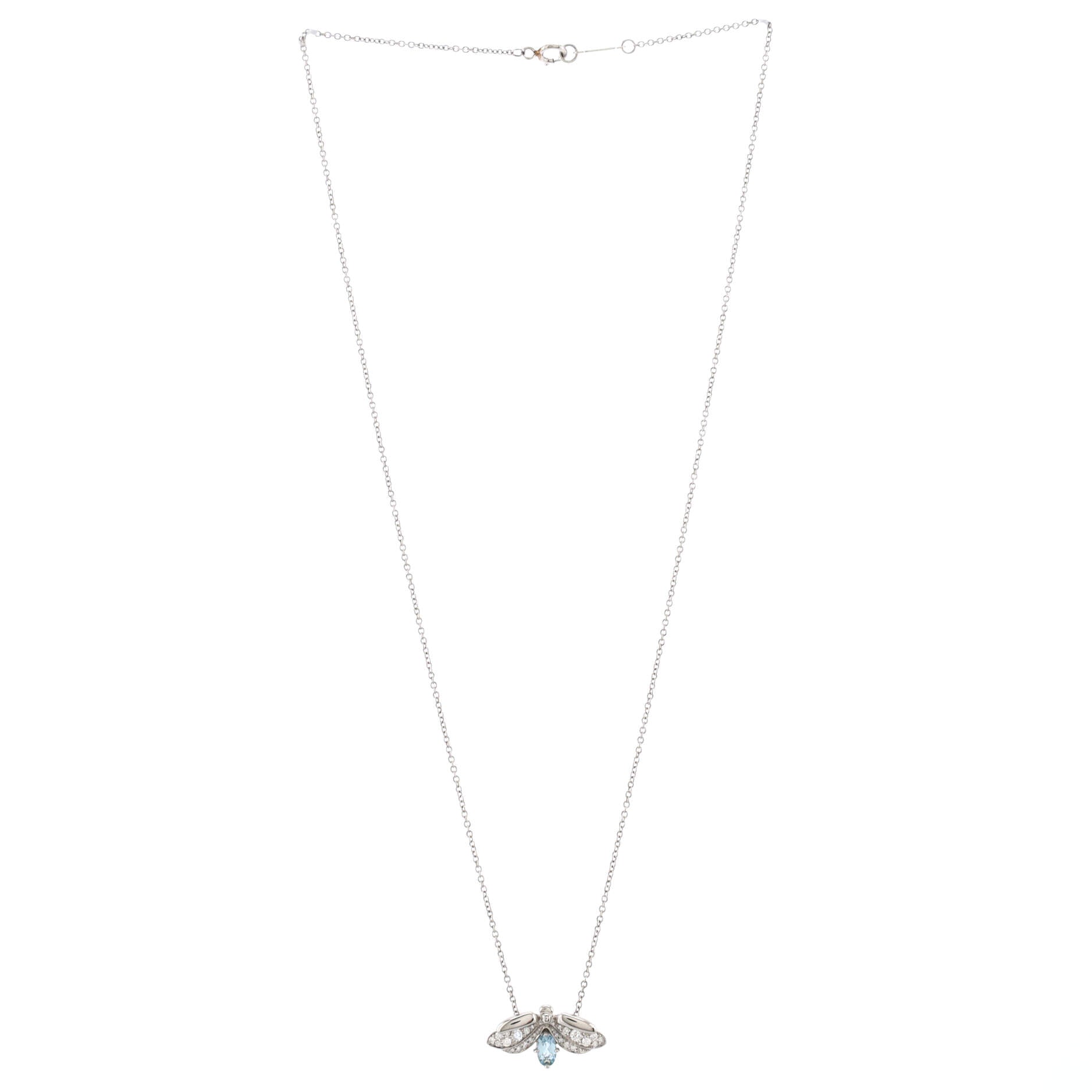 Paper Flowers Firefly Pendant Necklace Platinum with Diamonds and Aquamarine Small