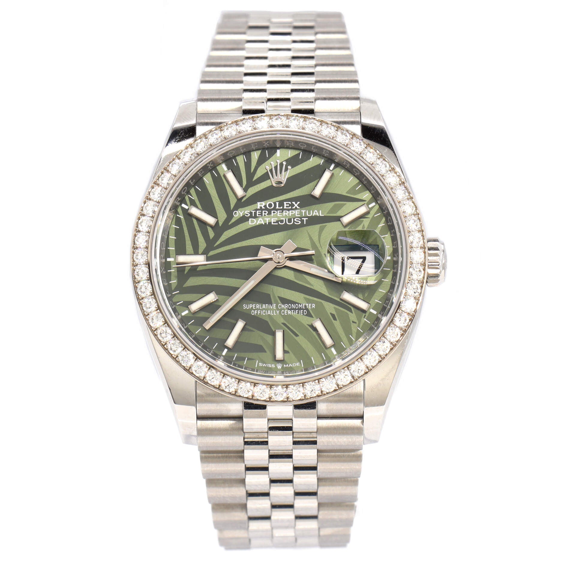 Oyster Perpetual Datejust Palm Motif Automatic Watch Stainless Steel and White Gold with Diamond Bezel 36