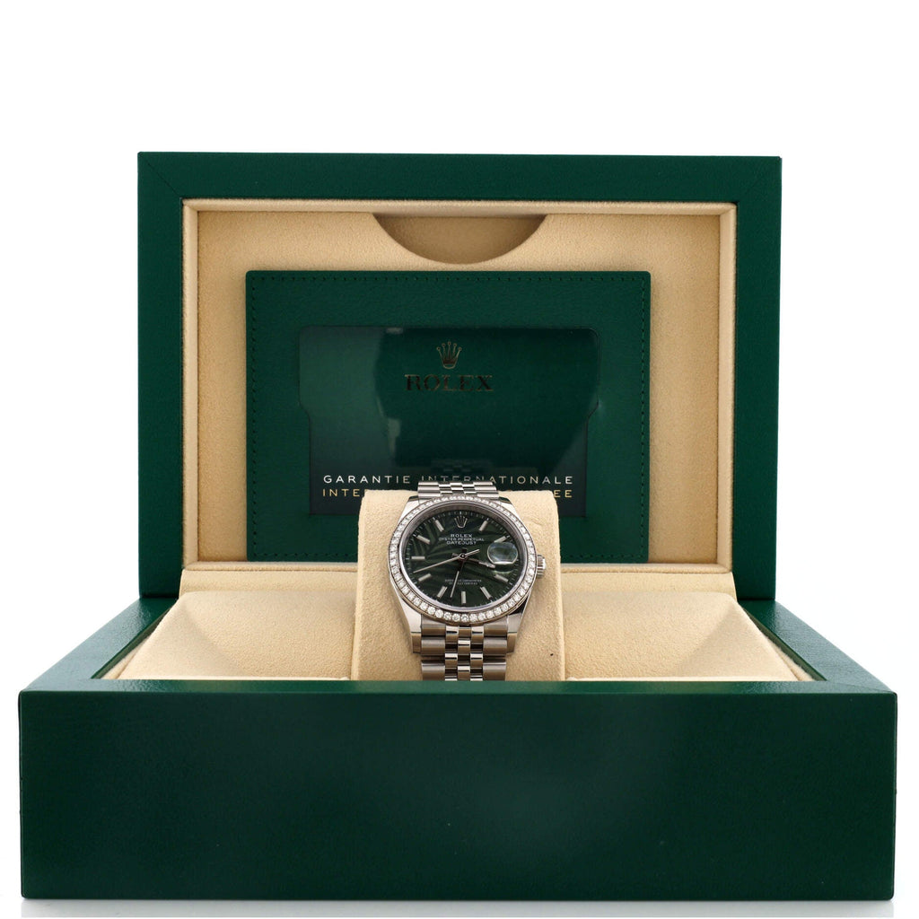 Oyster Perpetual Datejust Palm Motif Automatic Watch Stainless Steel and White Gold with Diamond Bezel 36