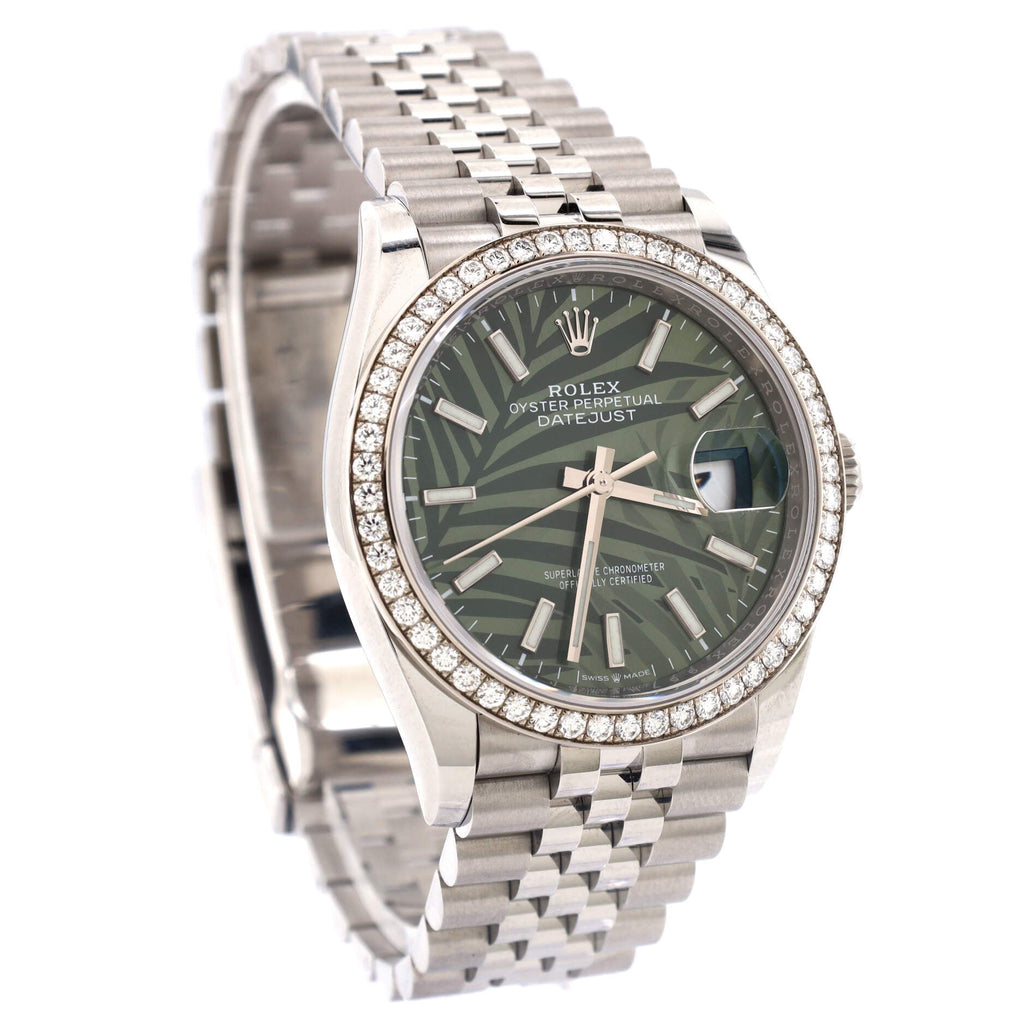 Oyster Perpetual Datejust Palm Motif Automatic Watch Stainless Steel and White Gold with Diamond Bezel 36