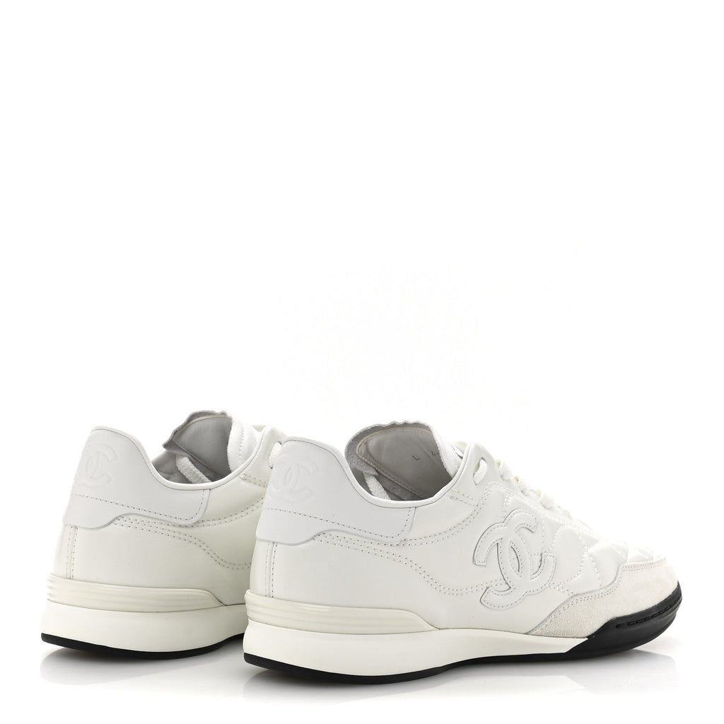 Shiny Calfskin Suede Quilted CC Logo Sneakers 37 White