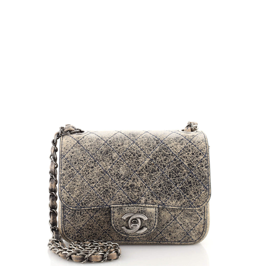Square Classic Single Flap Bag Stitched Crackled Calfskin Mini