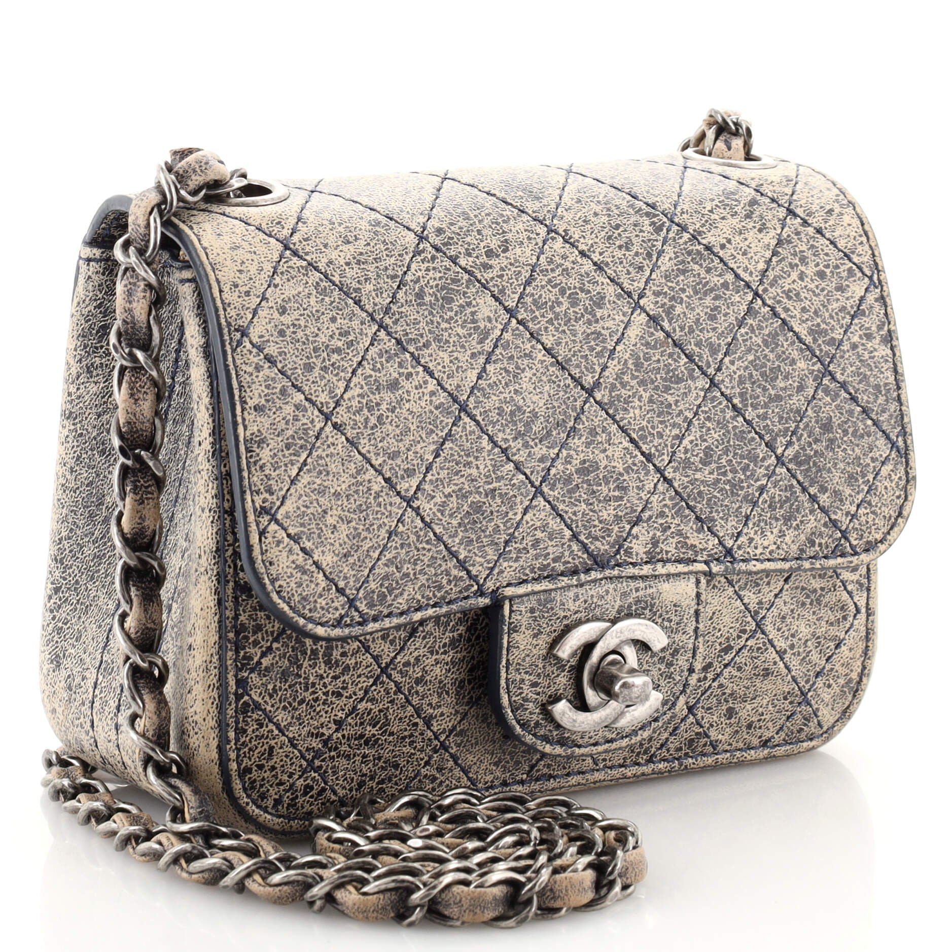 Square Classic Single Flap Bag Stitched Crackled Calfskin Mini