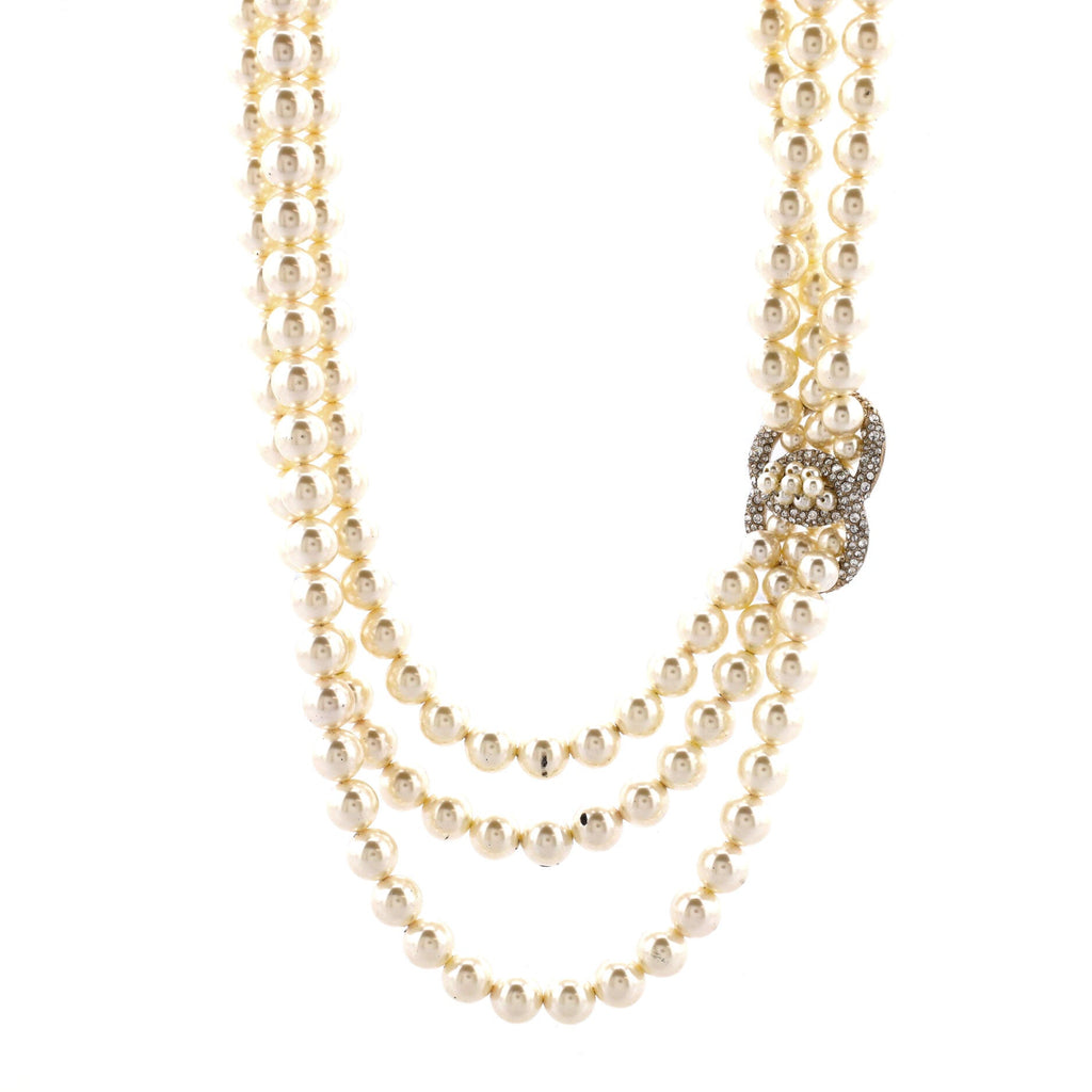 CC Interwoven Multistrand Necklace Faux Pearl and Metal with Crystals