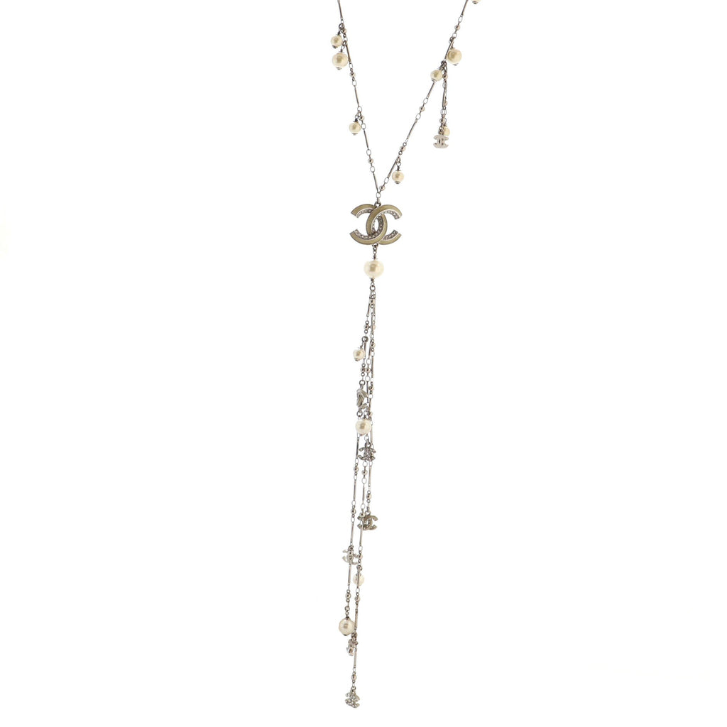Multi CC Lariat Necklace Metal with Enamel, Crystals and Faux Pearls