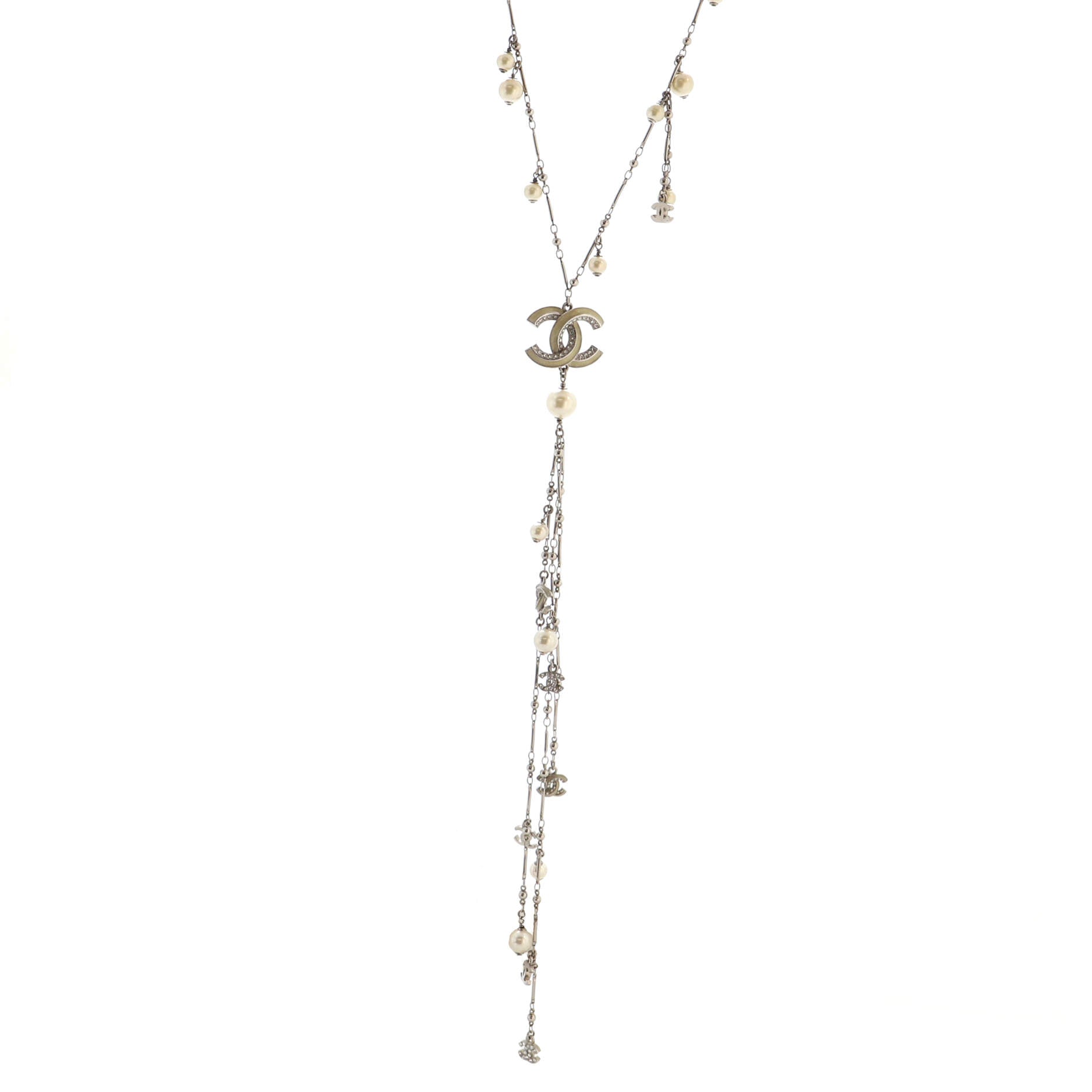 Multi CC Lariat Necklace Metal with Enamel, Crystals and Faux Pearls