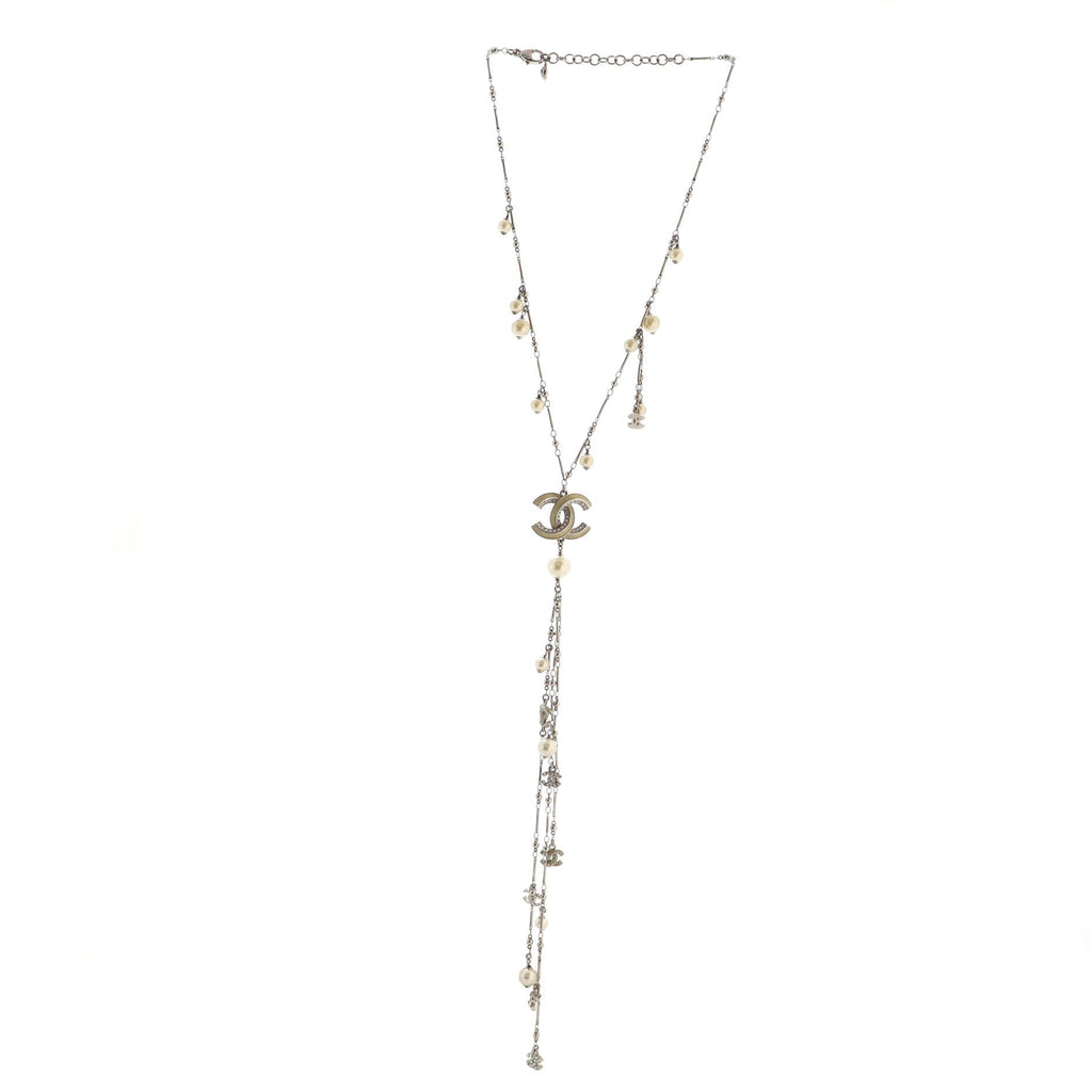 Multi CC Lariat Necklace Metal with Enamel, Crystals and Faux Pearls