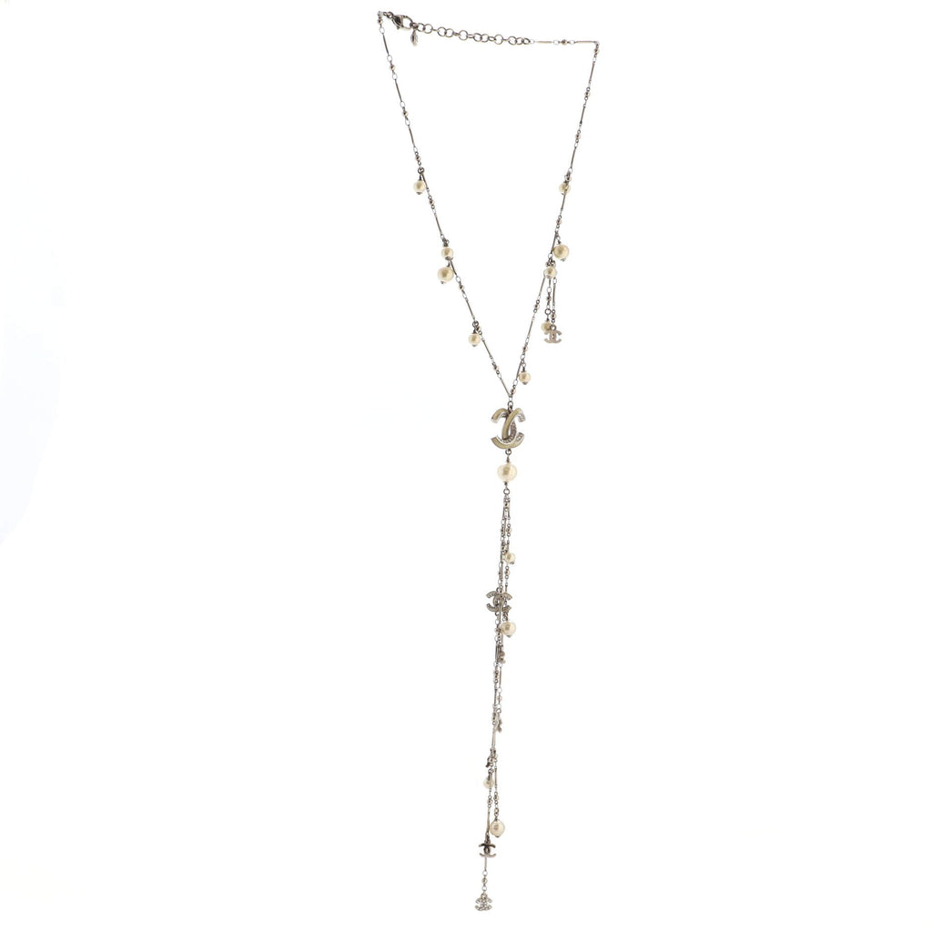 Multi CC Lariat Necklace Metal with Enamel, Crystals and Faux Pearls