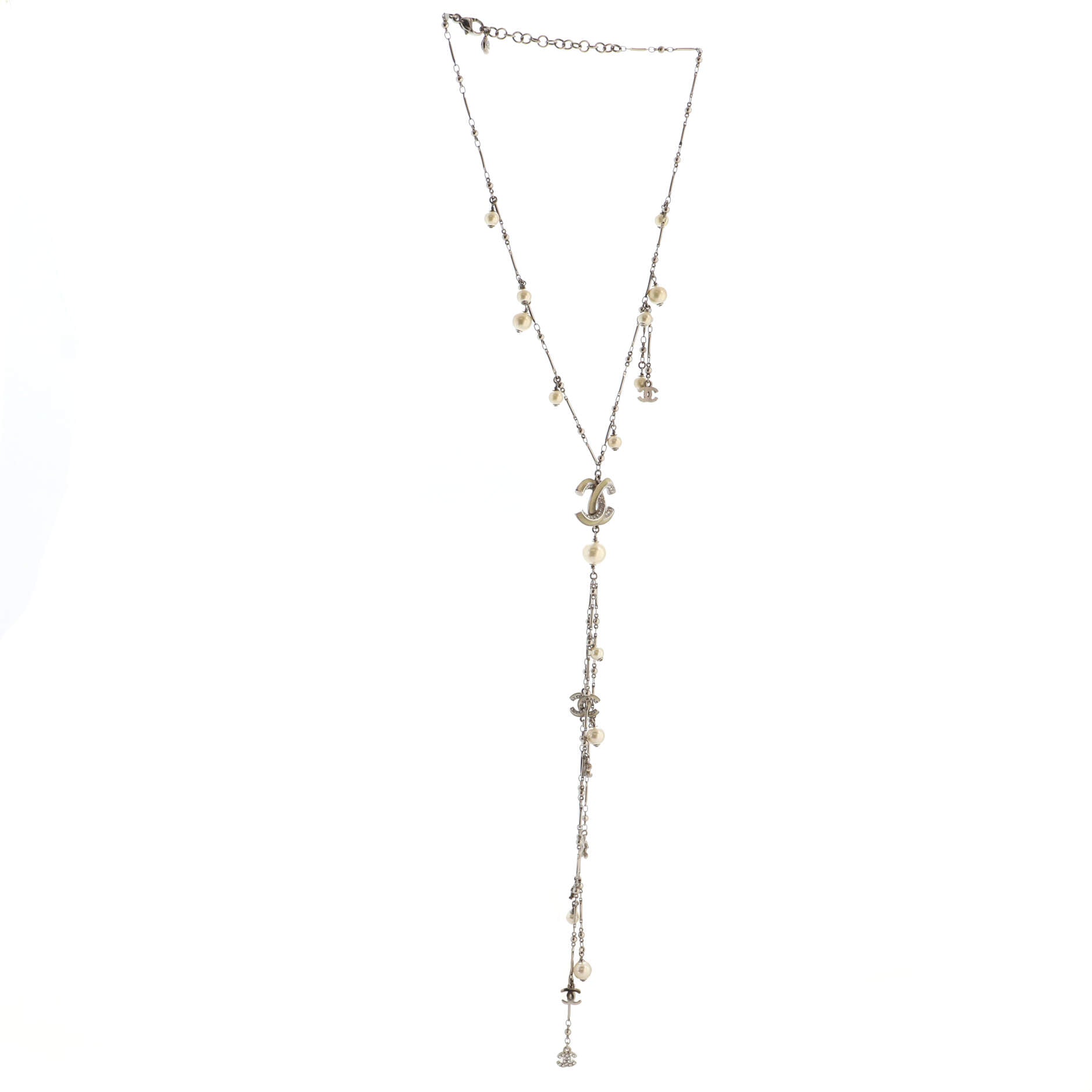 Multi CC Lariat Necklace Metal with Enamel, Crystals and Faux Pearls