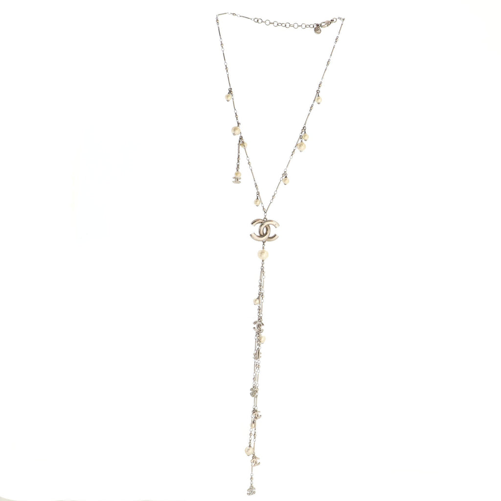 Multi CC Lariat Necklace Metal with Enamel, Crystals and Faux Pearls