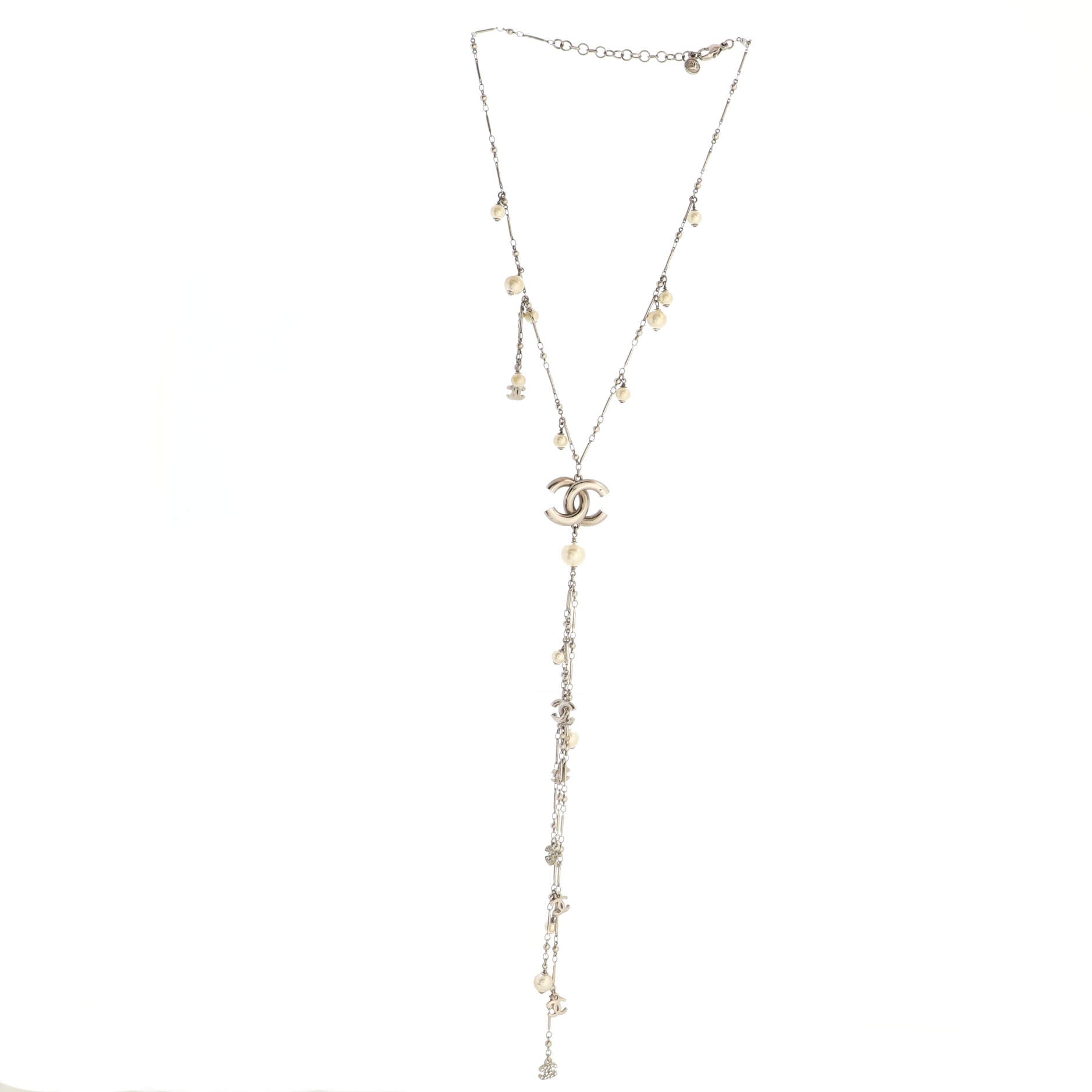 Multi CC Lariat Necklace Metal with Enamel, Crystals and Faux Pearls