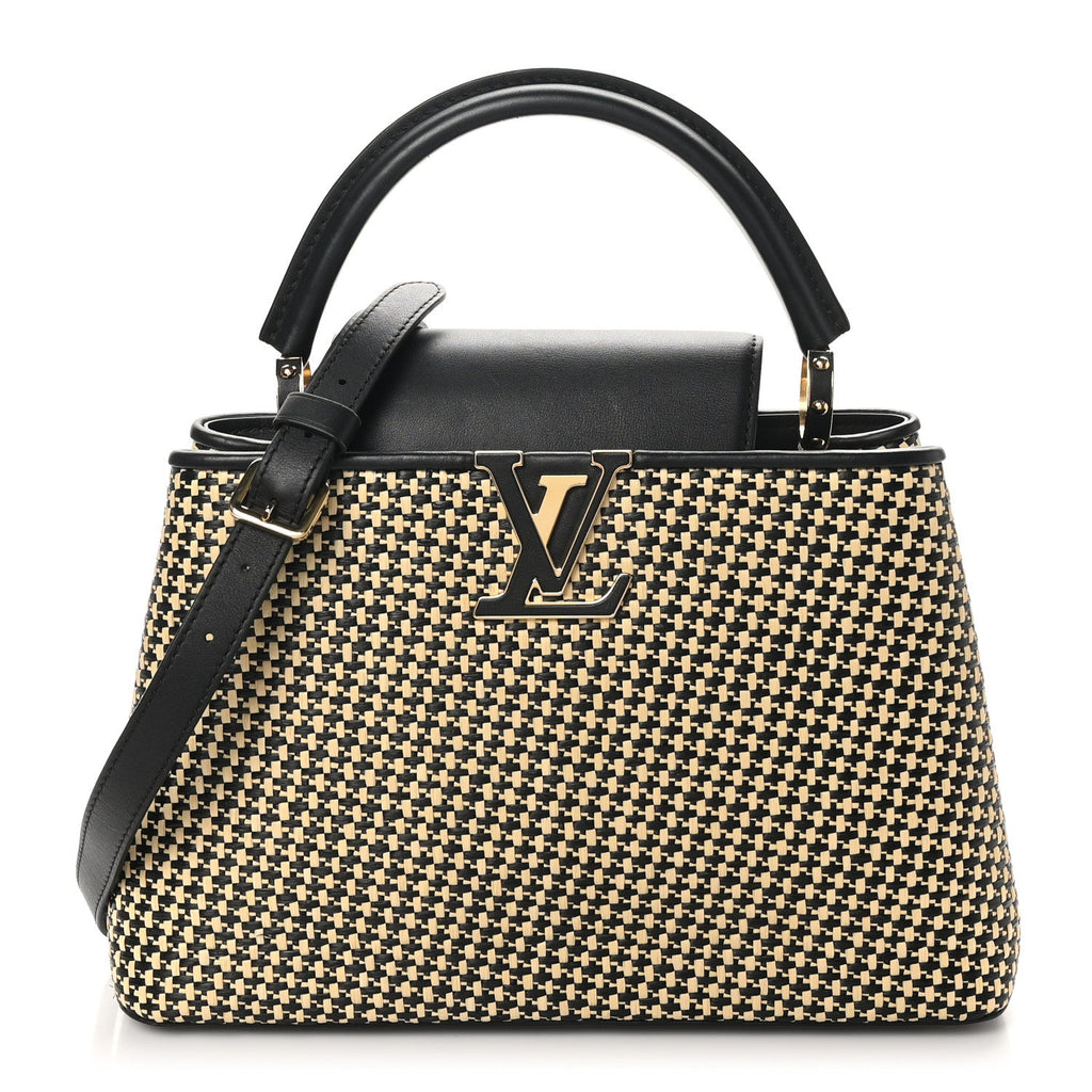 Raffia Calfskin Capucines MM Black Ecru