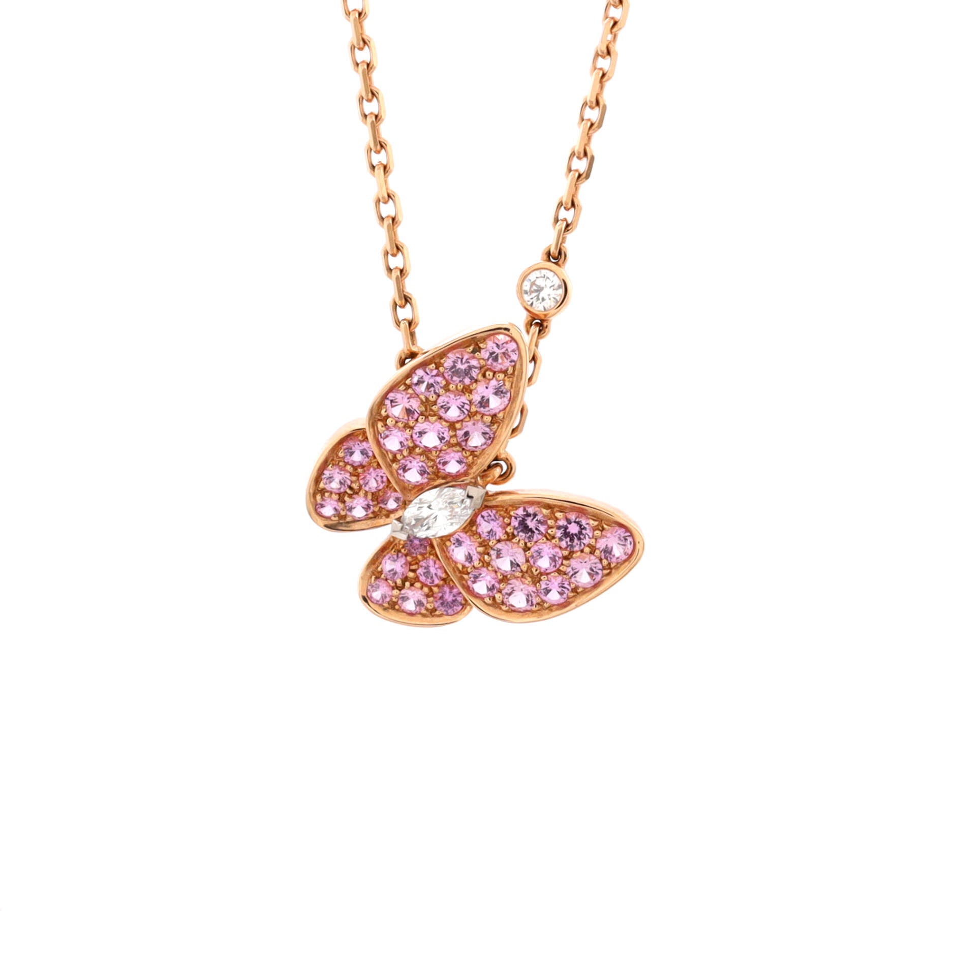 Two Butterfly Pendant Necklace 18K Rose Gold with Pink Sapphires and Diamonds