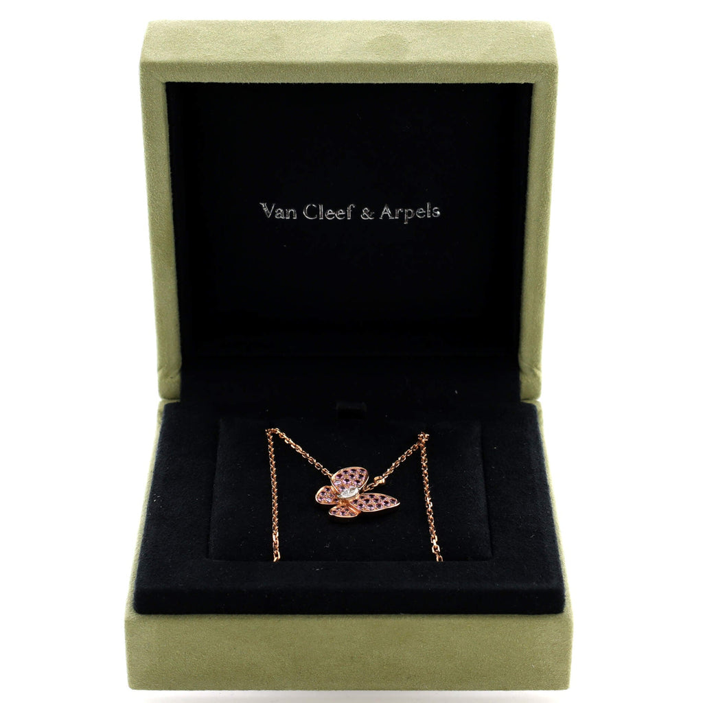 Two Butterfly Pendant Necklace 18K Rose Gold with Pink Sapphires and Diamonds