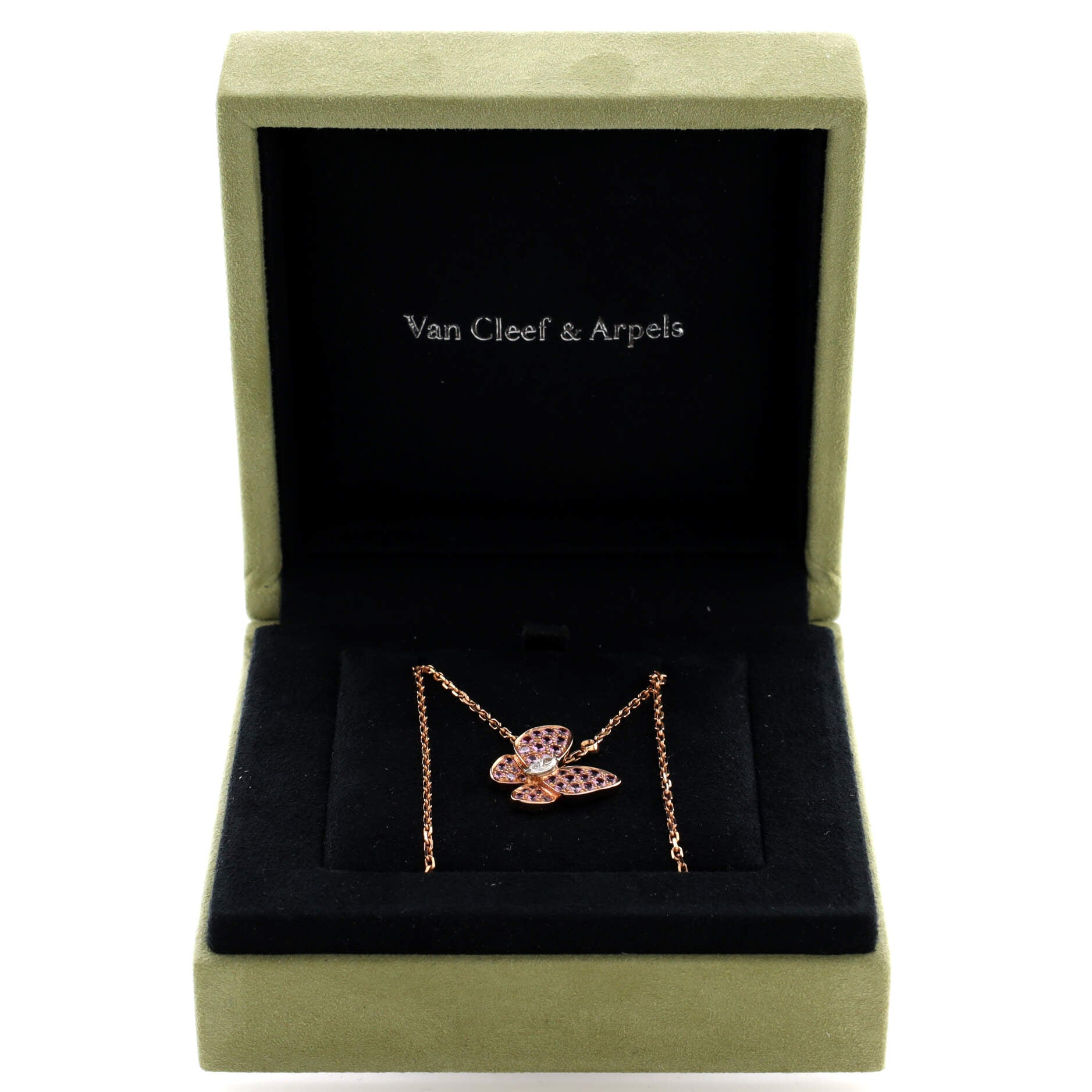 Two Butterfly Pendant Necklace 18K Rose Gold with Pink Sapphires and Diamonds