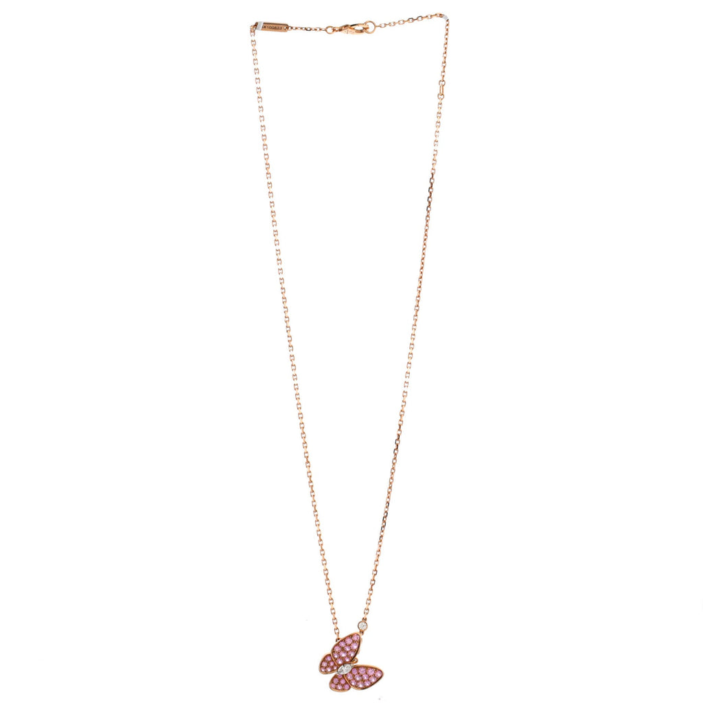 Two Butterfly Pendant Necklace 18K Rose Gold with Pink Sapphires and Diamonds