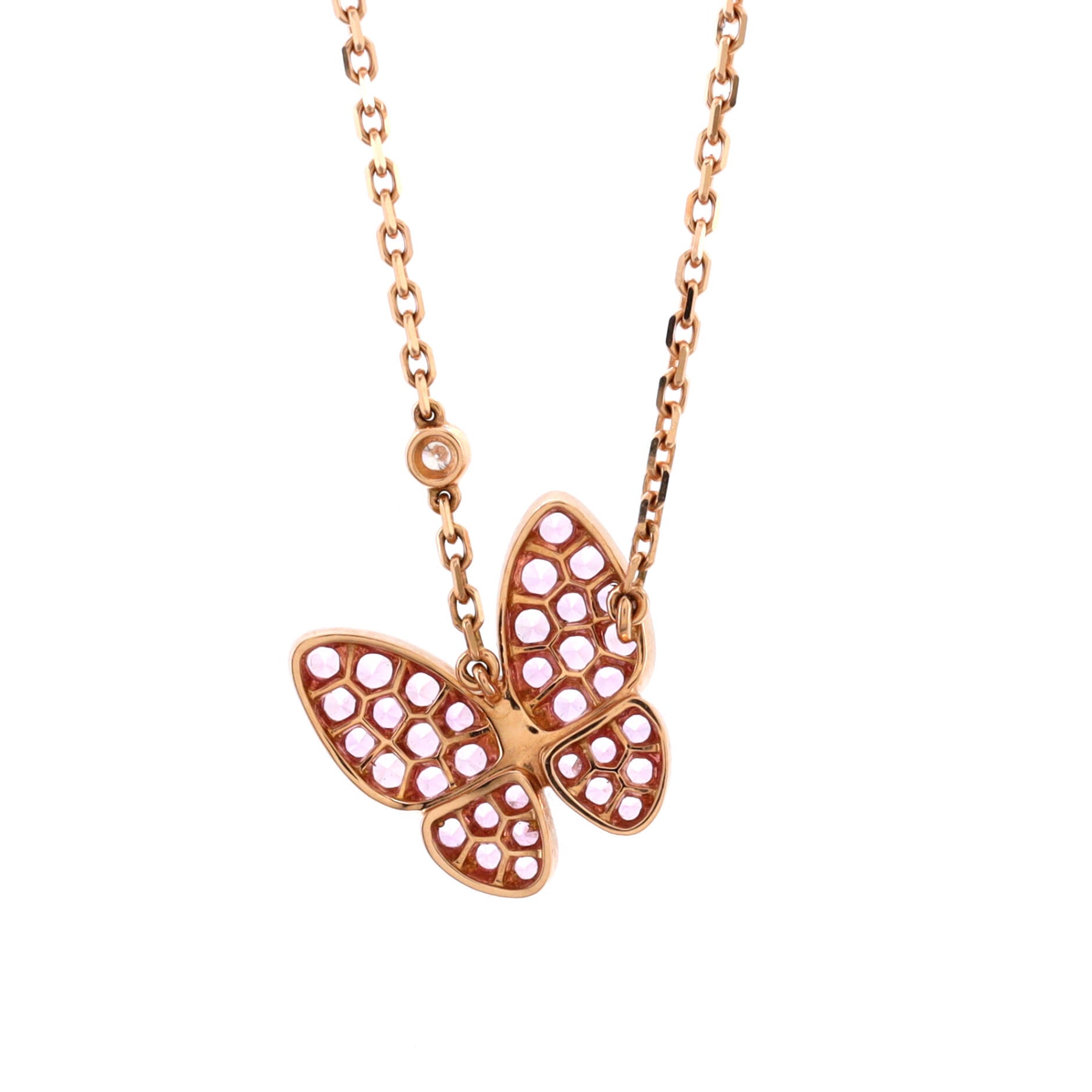 Two Butterfly Pendant Necklace 18K Rose Gold with Pink Sapphires and Diamonds