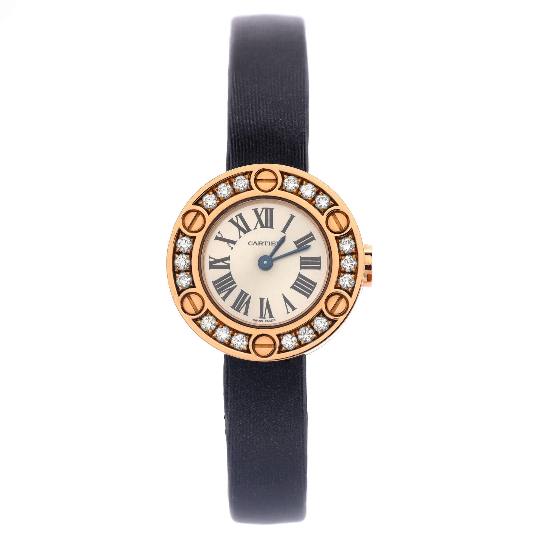 Love 18 Diamond Quartz Watch Rose Gold and Satin Leather with Diamond Bezel 24
