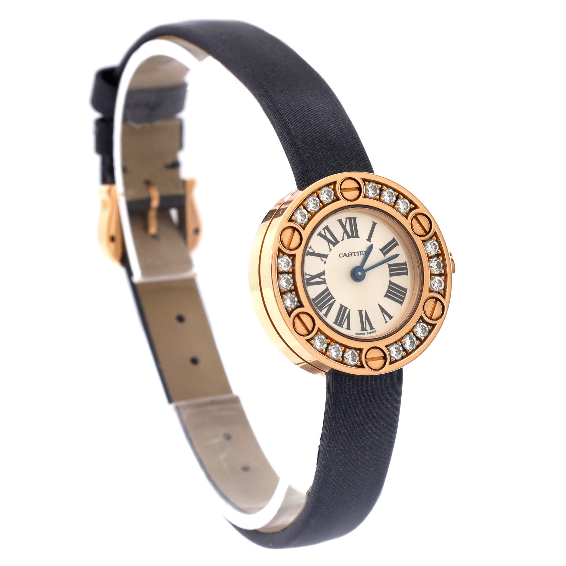 Love 18 Diamond Quartz Watch Rose Gold and Satin Leather with Diamond Bezel 24