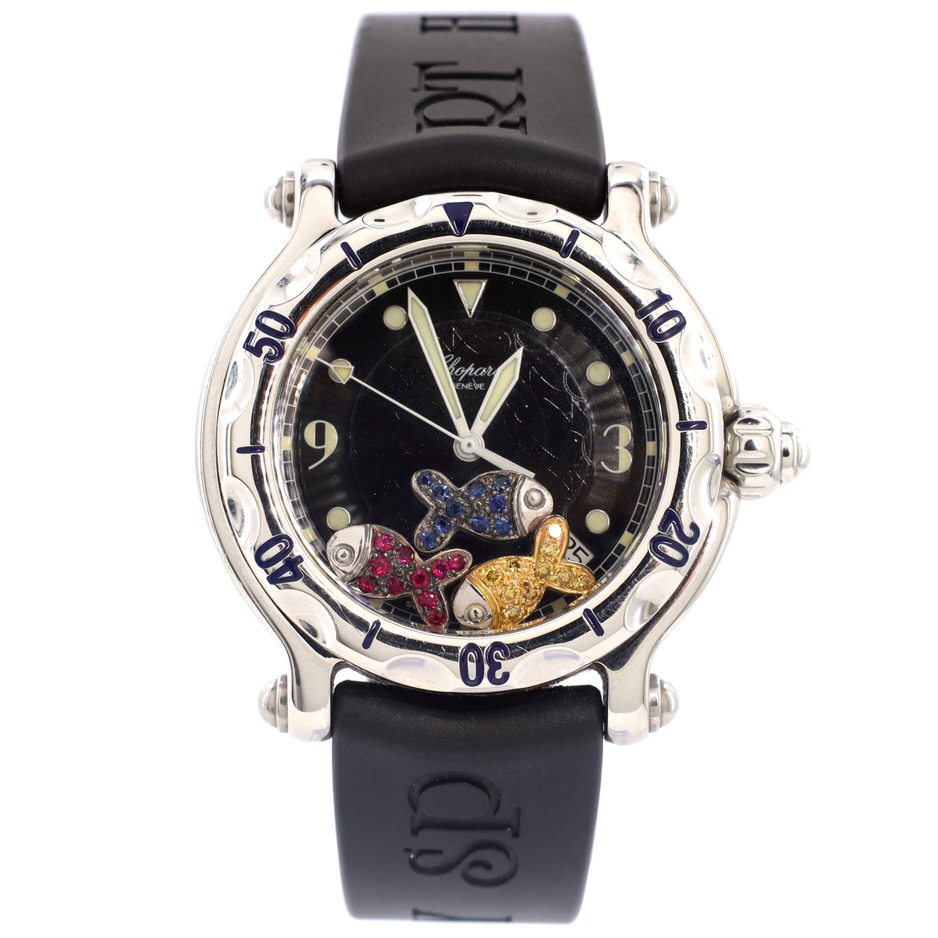 Happy Sport Fish Round Quartz Watch Stainless Steel and Rubber with Floating Rubies and Sapphires 38