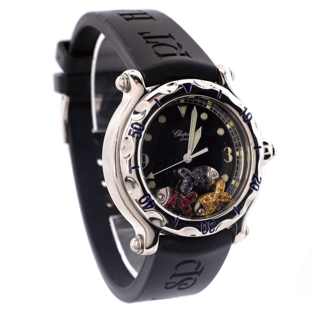 Happy Sport Fish Round Quartz Watch Stainless Steel and Rubber with Floating Rubies and Sapphires 38