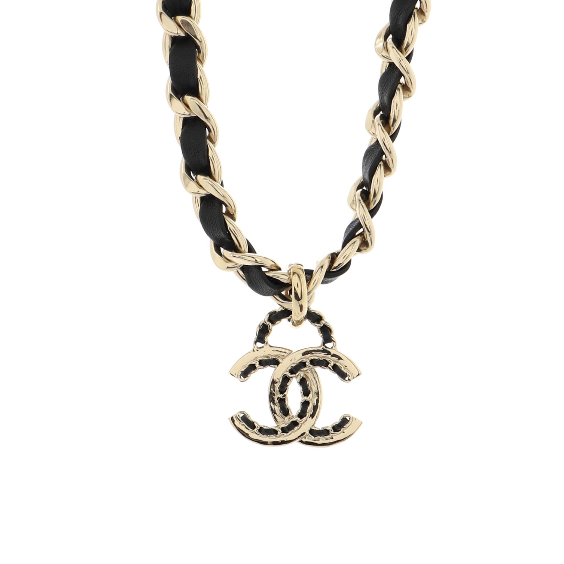 Woven Chain CC Pendant Chunky Choker Necklace Metal and Leather
