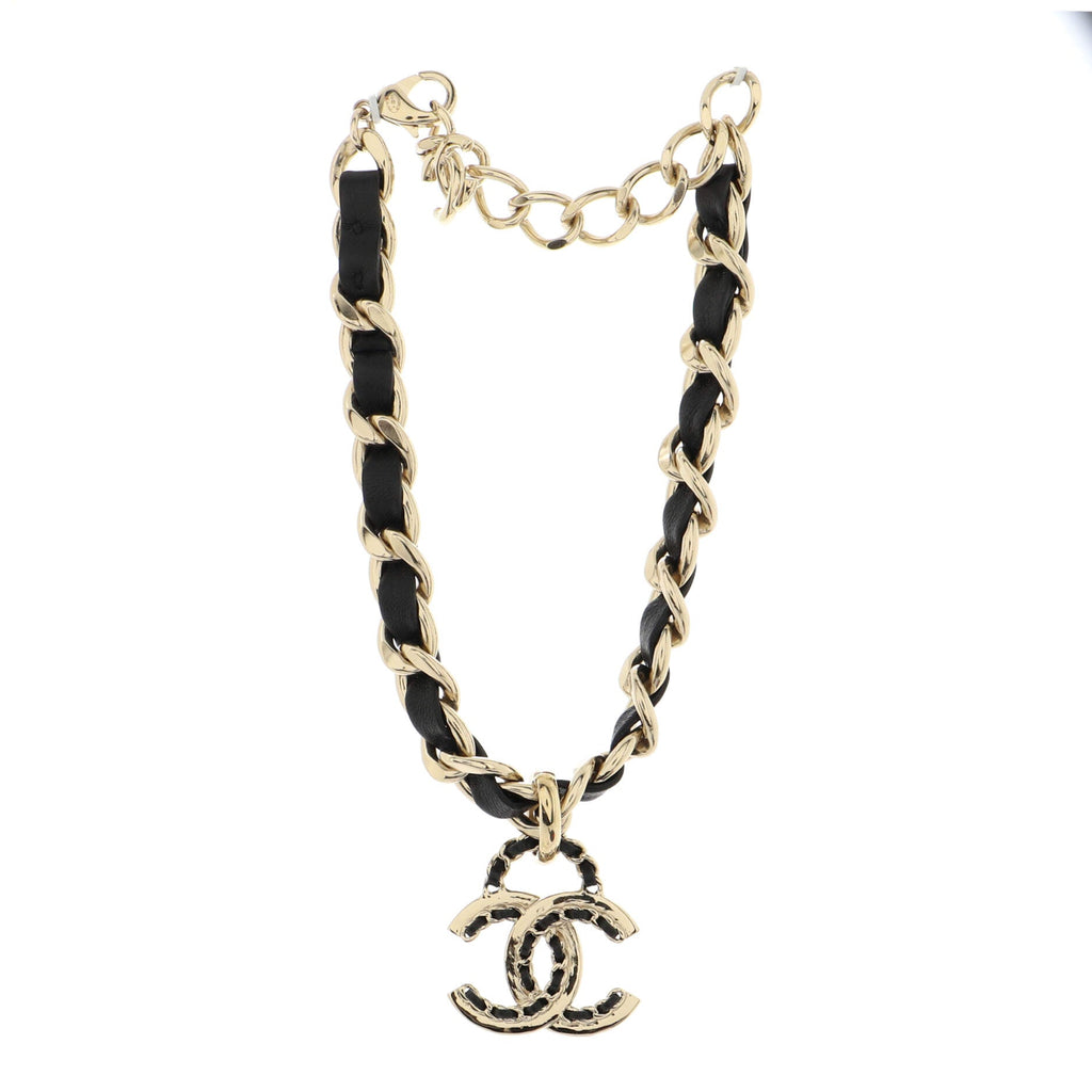 Woven Chain CC Pendant Chunky Choker Necklace Metal and Leather