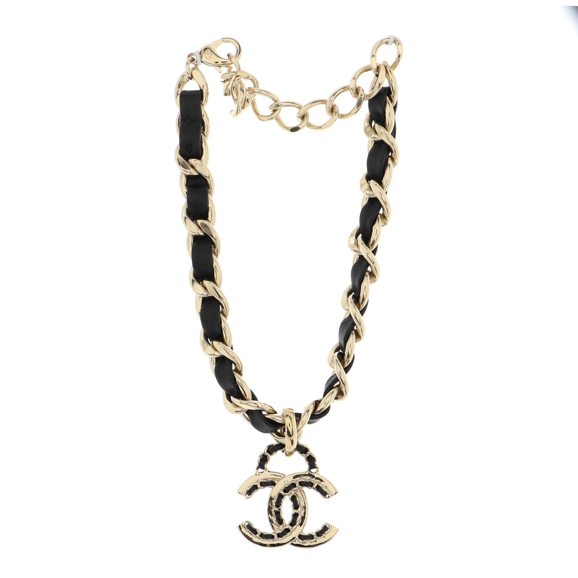 Woven Chain CC Pendant Chunky Choker Necklace Metal and Leather