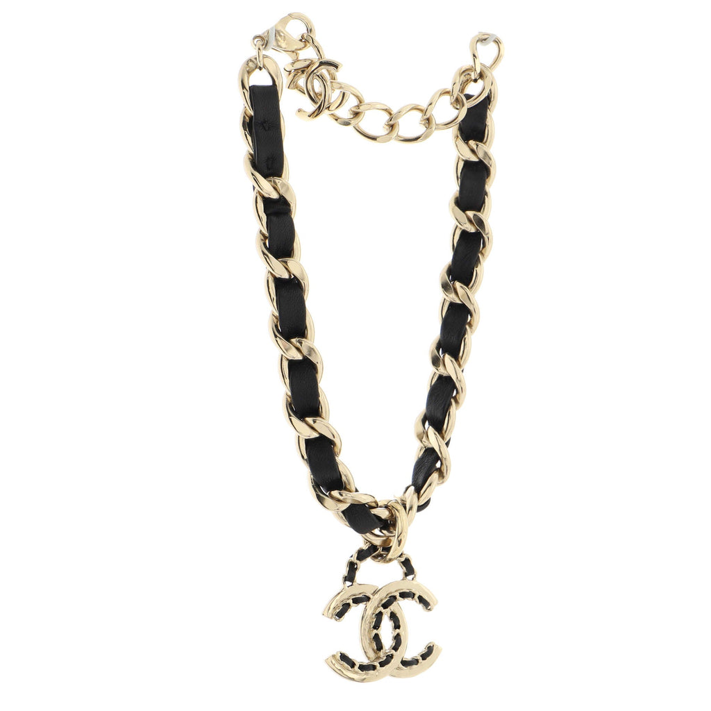 Woven Chain CC Pendant Chunky Choker Necklace Metal and Leather