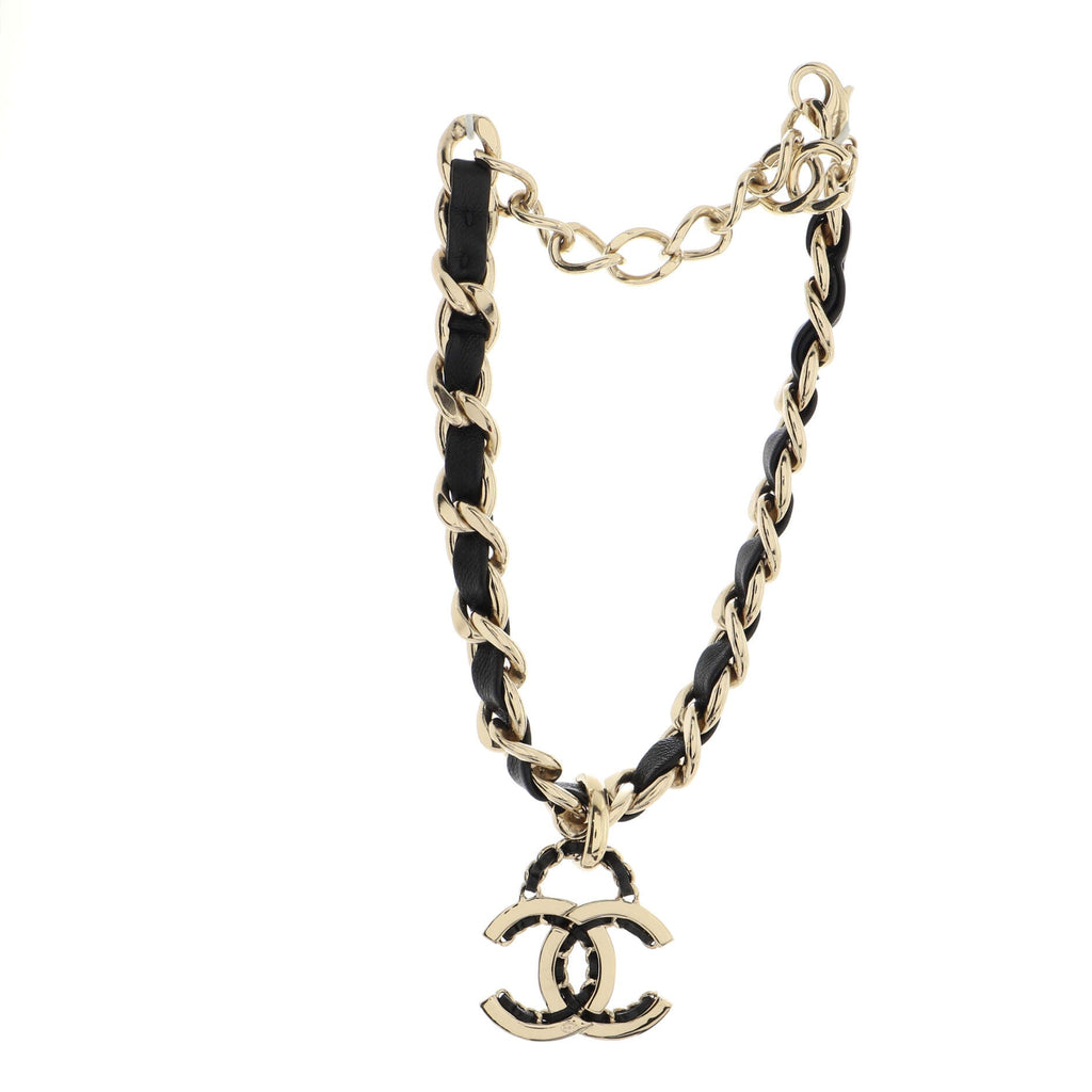 Woven Chain CC Pendant Chunky Choker Necklace Metal and Leather
