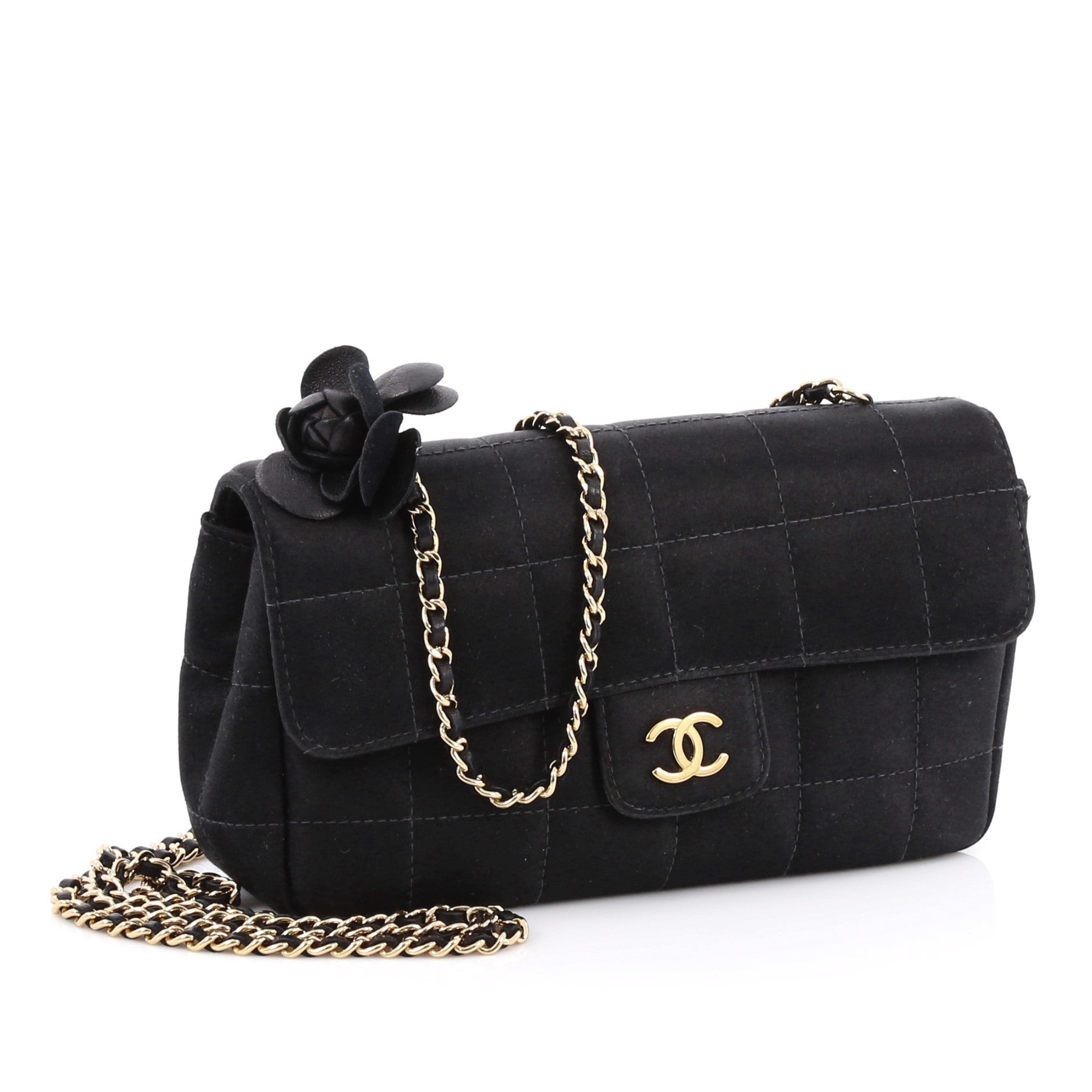 Camellia Chocolate Bar Flap Bag Quilted Satin Mini