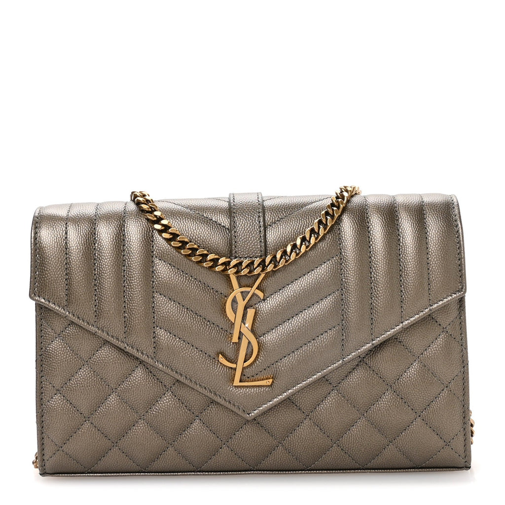 Metallic Grain De Poudre Mixed Matelasse Triquilt Monogram Chain Wallet Piombo
